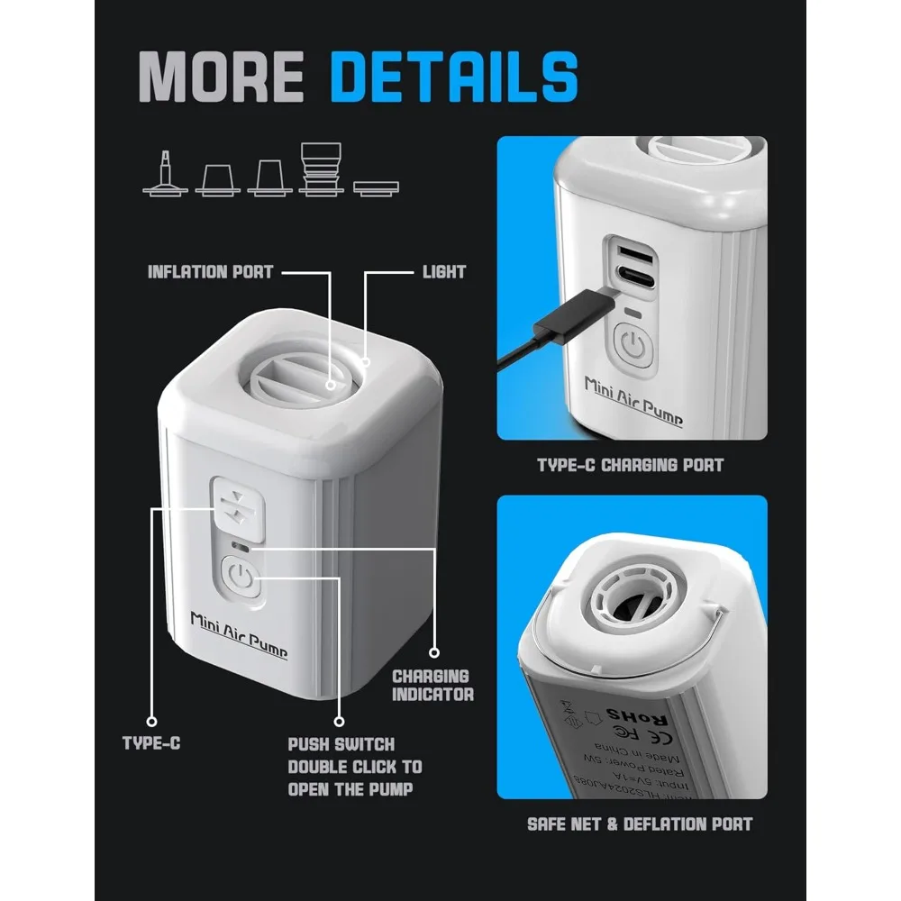 Mini Air Pump for Inflatables with 1600mAh Battery USB Rechargeable, Portable Air Mattress Pump to Inflate Deflate for Pool