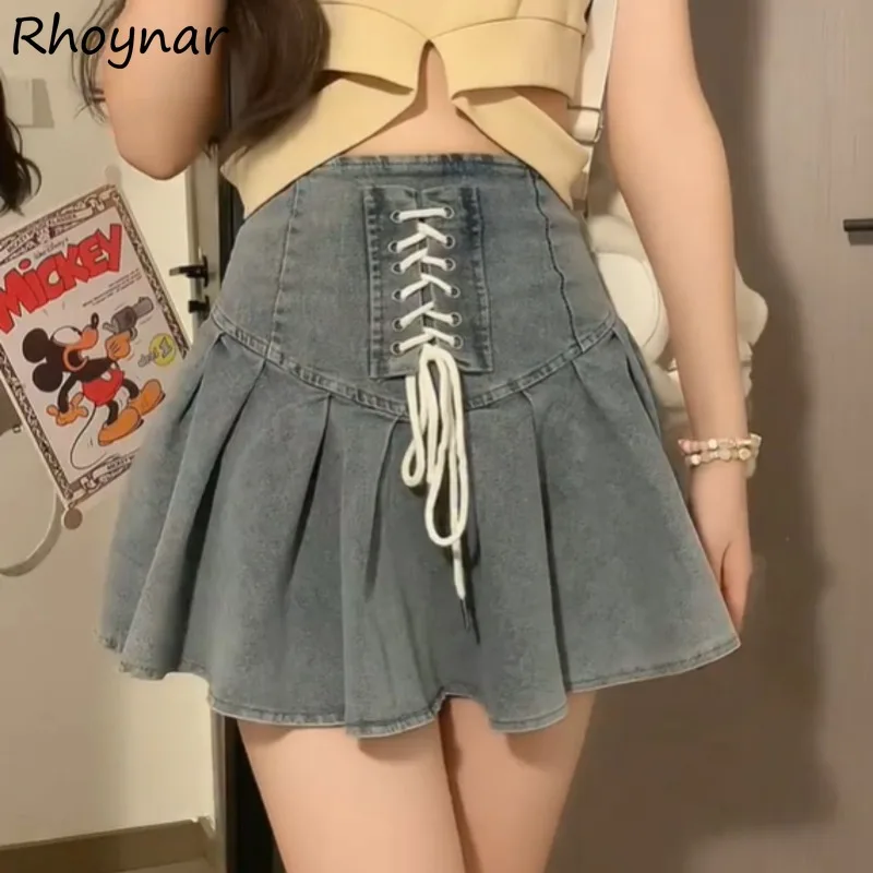 

Mini Skirts For Women Korean Style Retro Spicy Girls College Criss-cross Streetwear Pleated Denim Design Casual All-match Summer