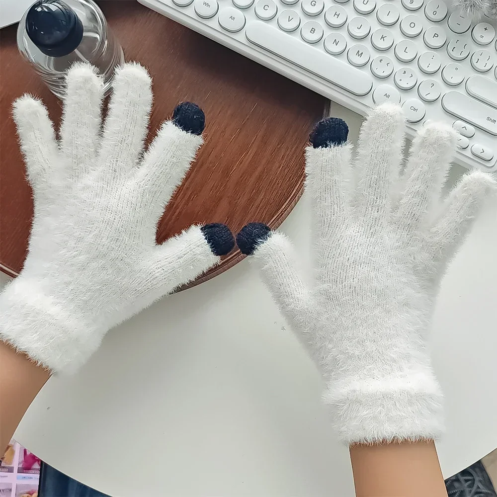 Guantes de cinco dedos de terciopelo de visón para mujer, manoplas cálidas de felpa a prueba de frío para ciclismo al aire libre, Color sólido, moda de invierno