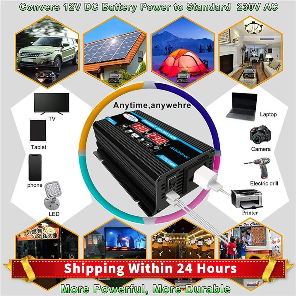 

Power Inverter Dual LCD Digital Display Car Power Inverter Voltage Transformer Modified Sine Wave for Auto Steamboat Accessories