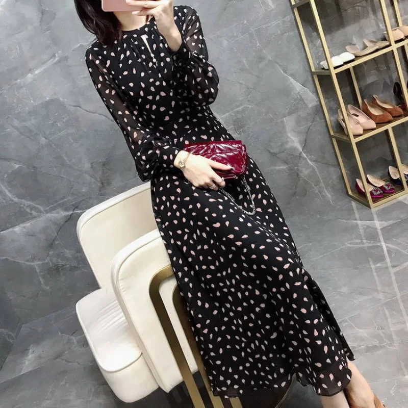 

Casual Launched Dress Women 2023 Spring and Autumn Korean Fashion Full Sleeve Waist closing French Retro Polka Point Long Dress