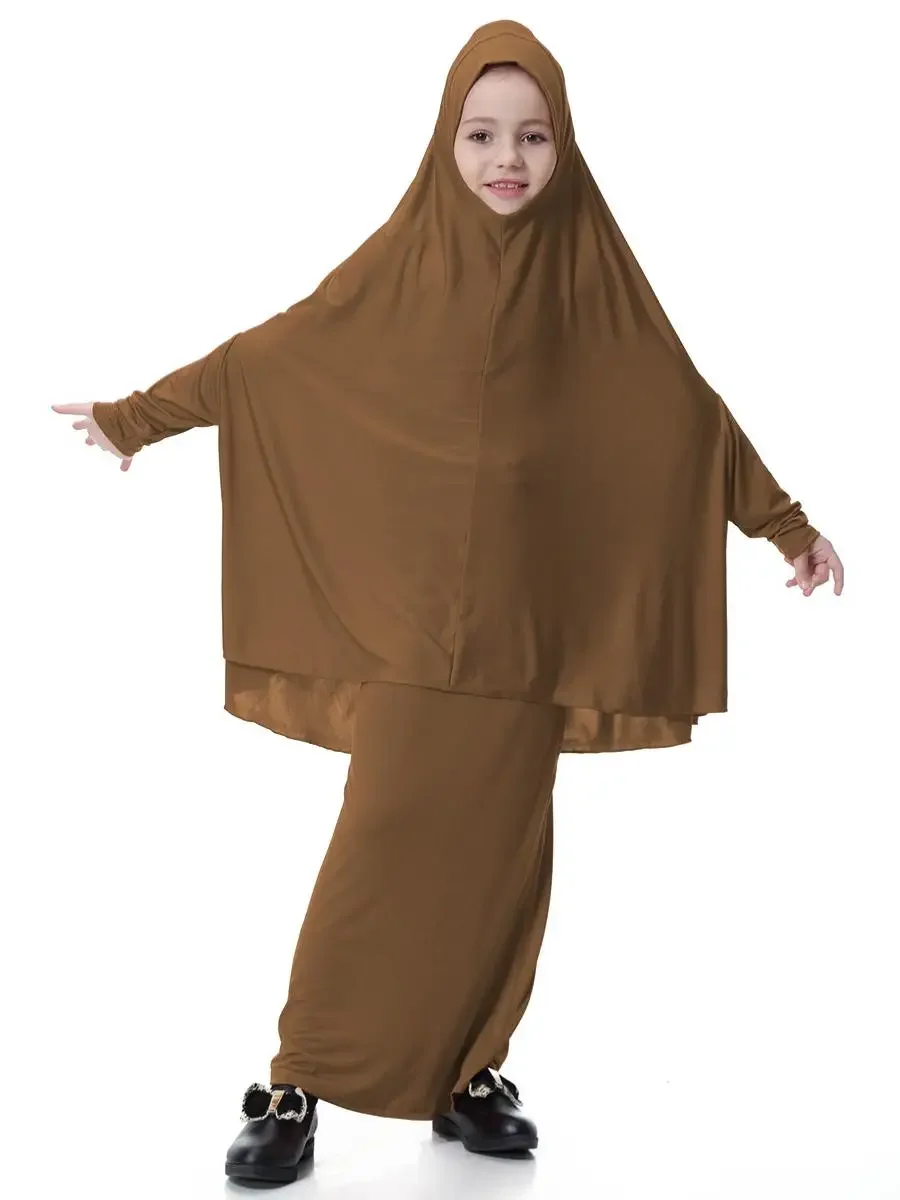 Muslim Children Girls Prayer Dress 2 Pieces Hijab Abaya Ramadan Sets Arab Kids Robe Skirt Robe Islam Party Gown Khimar Jalabiya 5