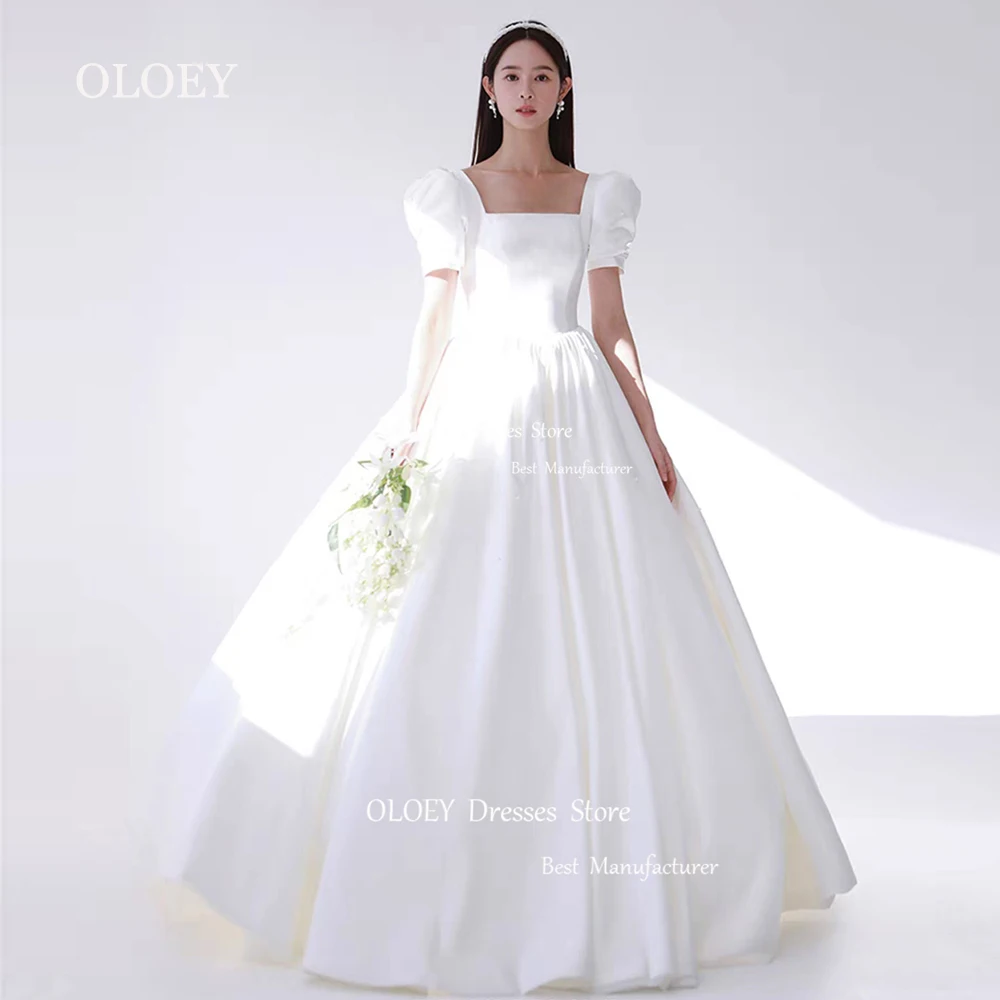 

OLOEY Square Collar Ivory A Line Wedding Dress Korea Photoshoot Short Puff Sleeves Bridal Gown Floor Length Pleats Satin Pearls