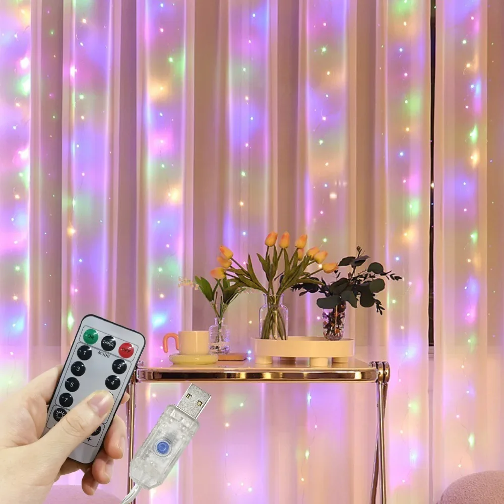 LED Garland Curtain Lights USB Power with 8 Modes Remote Control Fairy Lights String Wedding Christmas Decor for Home Bedroom