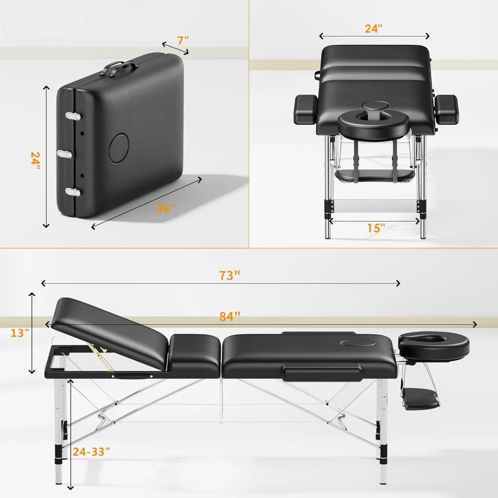 โต๊ะนวดแบบพกพา 84 "ยาว 24" กว้างProfessional 3 ส่วนนอนเตียงนวดLashเตียง,อลูมิเนียมปรับ