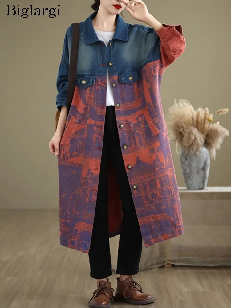 Denim Graffiti Print Patchwork Fashion Loose Pleated Ladies Jackets Oversized Autumn Winter Long Coat Women Casual Woman Coats