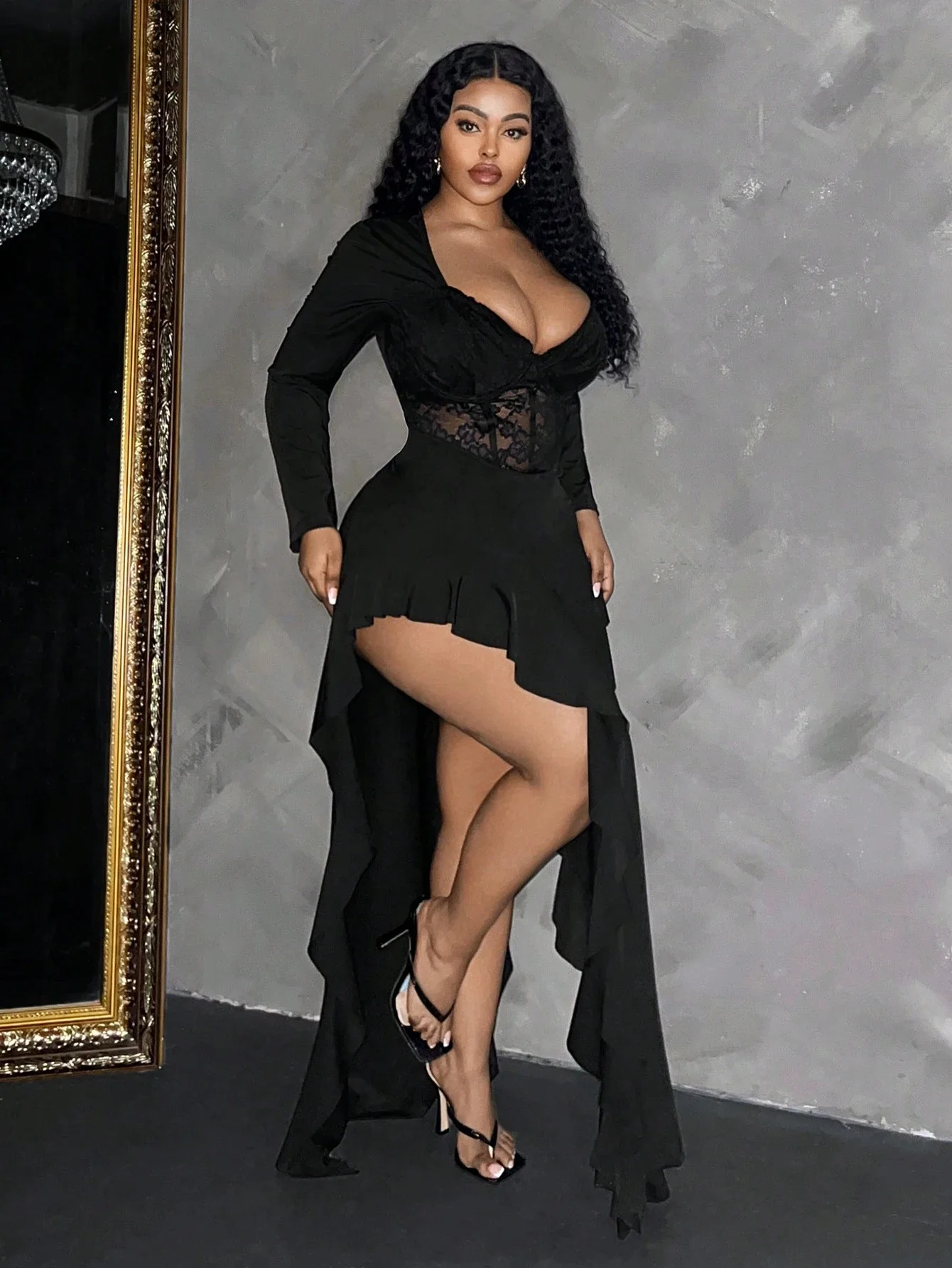 

Женское платье больших размеров с длинным рукавом, глубоким V-образным вырезом, кружевным корсетом, асимметричным подолом и оборками, облегающее, сексуальное, для весенне-летних вечеринок, эластичное