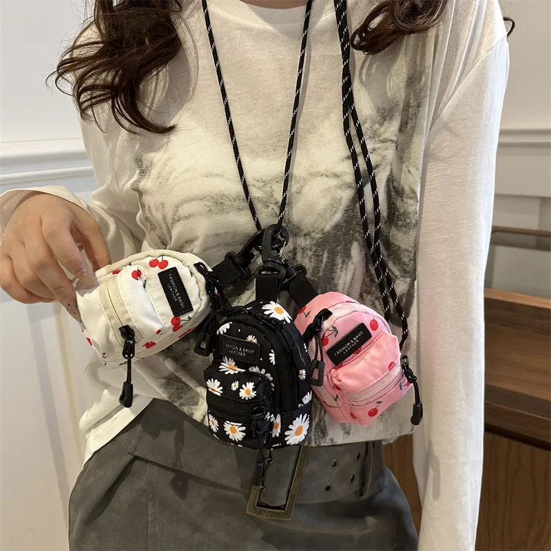 Cute Mini Backpack Coin Purse For Women Floral Cherry Printed Earphone Case Pouch Key Chain Small Neck Hanging Crossbody Bag