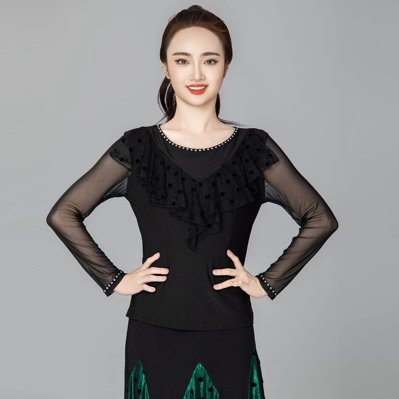 ชุดเต้นลาตินและบอลรูมที่ใส่สบายและหลากหลายสไตล์ ชุดเต้นวอลซ์แขนยาวปานกลาง เสื้อบอลรูมทันสมัยสำหรับสุภาพสตรี