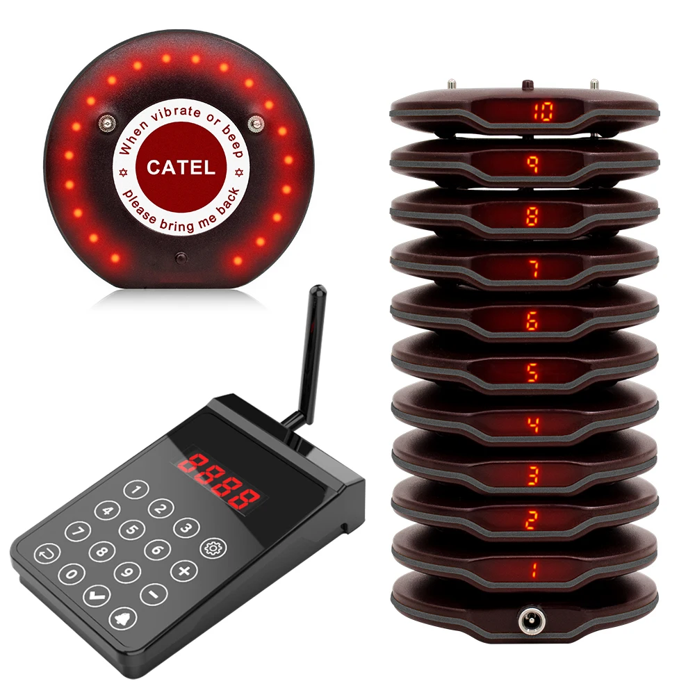 JINGLE BELLS CTP203R Wireless Restaurant Waiter Coaster Paging System 1 Keyboard 10 Pager 1 Charger Calling Service Buzzer Pager