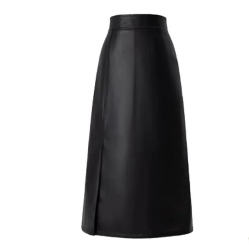 

Black PU Leather Skirt Women New Autumn Winter High Waist Side Split One Step A-Line Skirt q664