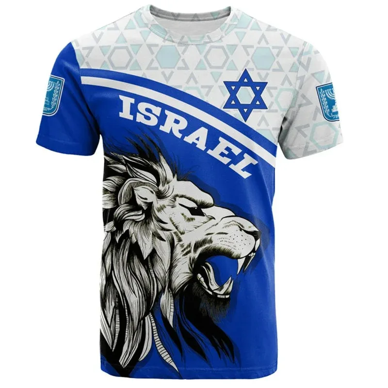 

Israel Flag Design Men's Unisex T-shirt 3D Printed Israelis National Emblem Tops Short Sleeve O-Neck Oversized Sports Tee Shirt