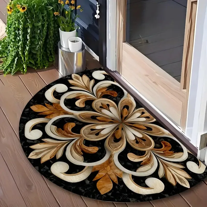 Half Round Marble Floral Mat, Non-slip Semicircle Doormat, Black Gold Stone Print, Absorbent Floor Rug for Entryway