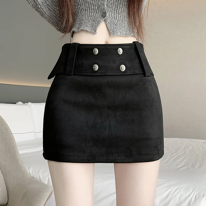 Slimming Effect Deer Skin Velvet Half-length Skirt Women's High-waist A-line Short Skirt Stylish Commute Design Korean Style