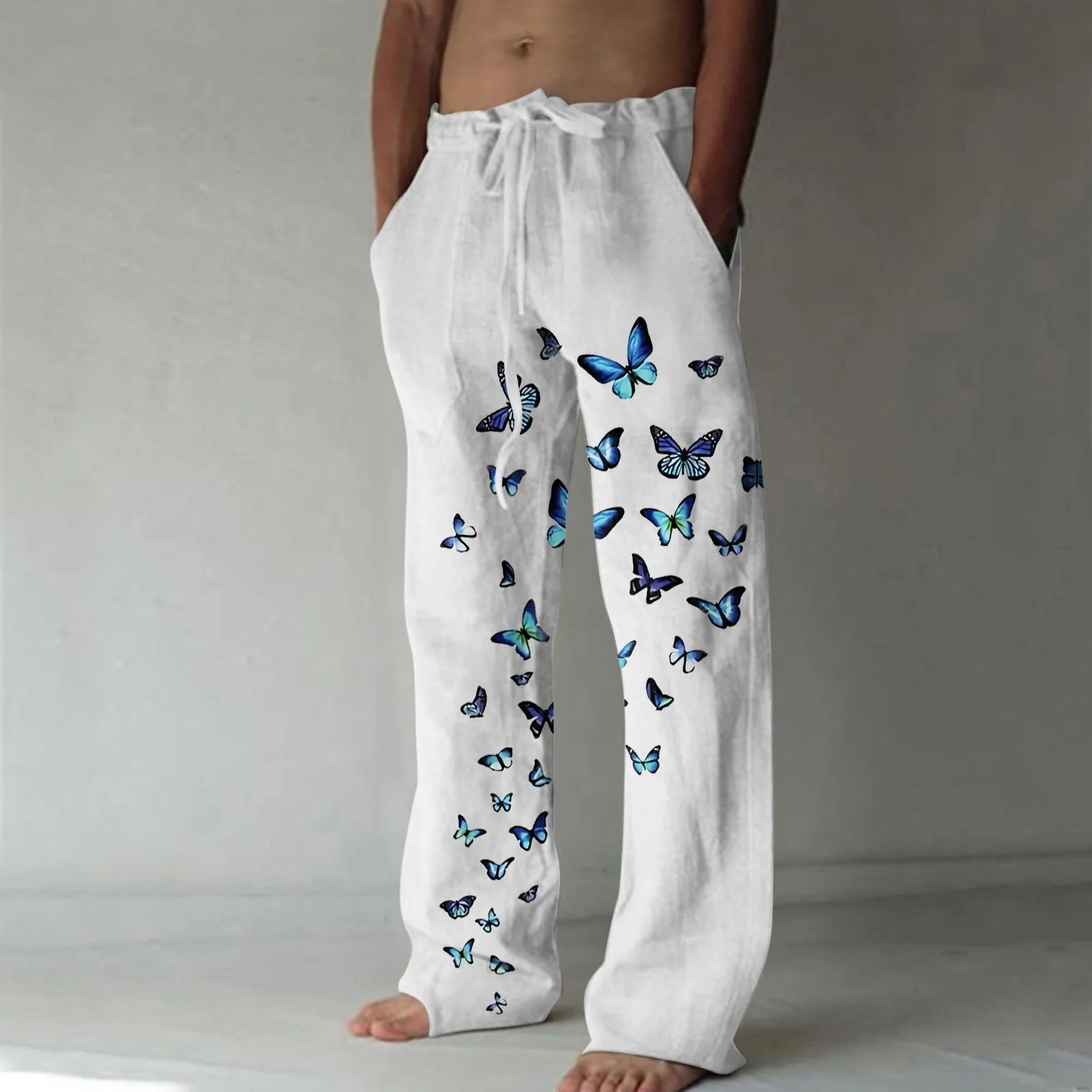 

Men Cotton Linen Trousers Joggers Butterfly Print Pockets Lace Up Pants Elastic Waist Straight Loose Pants Drawstrings Trousers