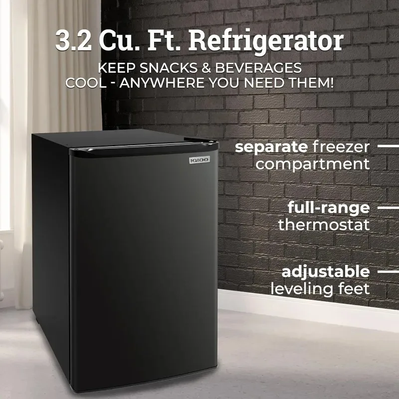 Igloo IRF32BK6A 3.2 Cu.Ft. Single Door Compact Refrigerator with Freezer, Slide Out Glass Shelf, Perfect for Homes, Offices