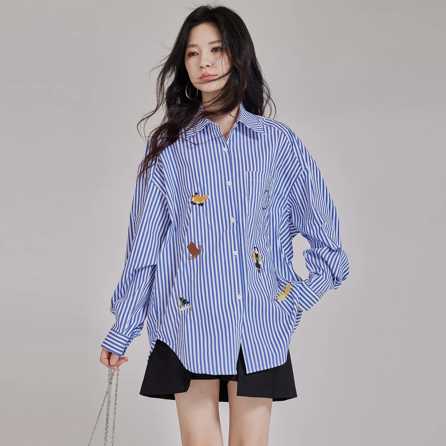

Women's Mid-Length Shirt with Cartoon Letter Embroidery And Vertical Stripes Fashionable Casual Style