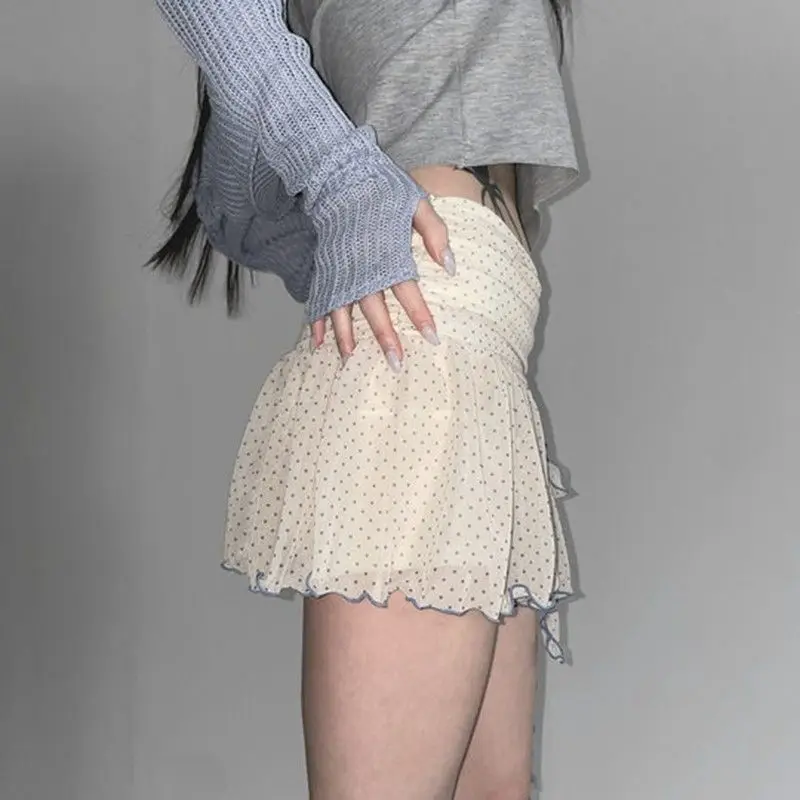 ฤดูร้อน Wave Point พิมพ์หวาน Fairy Mini กระโปรงน่ารักผ้าพันคอโบว์จีบกระโปรงสาว Y2K ความงามผู้หญิง Grunge Faldas