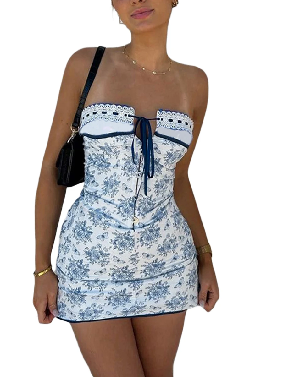 

Women s Y2k Off Shoulder Sexy Mini Dress Strapless Cutout Floral Print Slim Bandeau Dress