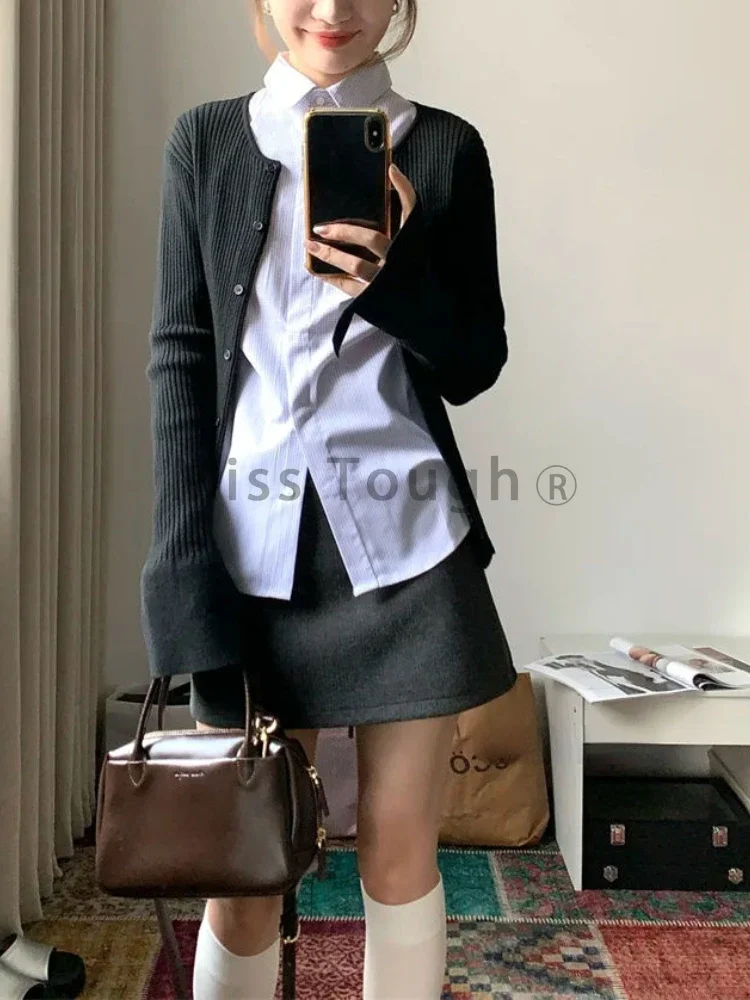 Autumn Korean Fashion Slim 3 Piece Set Women Designer Vintage Plaid Long Sleeve Knit Cardigan + Lapel Shirt High Waist Skirt New