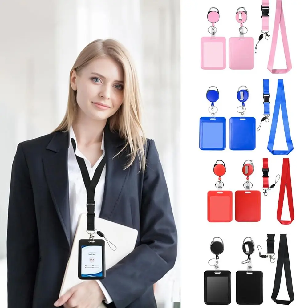 Rope Retractable Work Permit Card Set with Breakaway Lanyard Hard Shell Protective Badge Reel Clip Set Carabiner Reel Clip