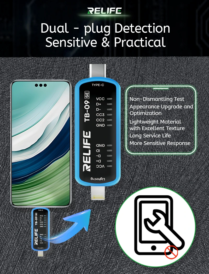 

RELIFE TB-09 SE Charging Port Tester for Mobile Phone Repair Dual Plug Lightning and Type C Interface Fast Fault Detection Tool