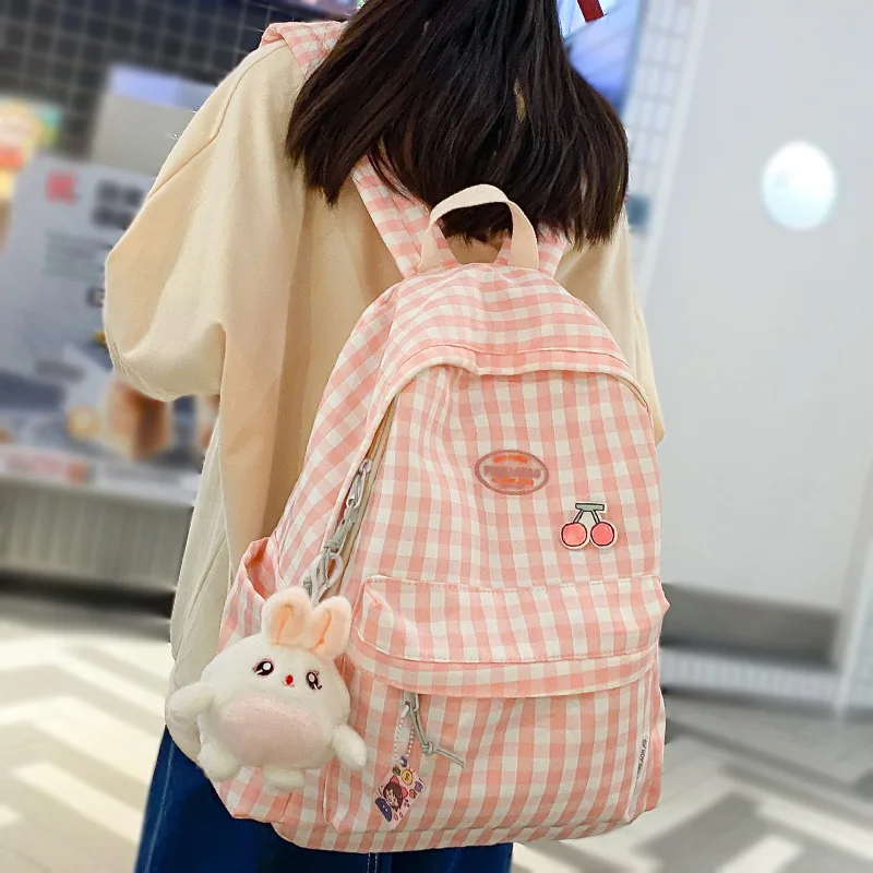 

Ladies Kawaii Student Plaid Nylon Backpack Fashion Female Backpack Trendy Cute Girl Lattice Travel Bag Women Laptop College Bags