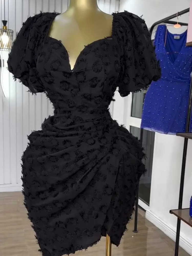 Hoge Taille Jurken voor Vrouwen Pofmouwen Gedrapeerde Jurk Korte Vierkante Kraag V-hals Sexy Stijlvolle Jurk Groothandel Dropshipping