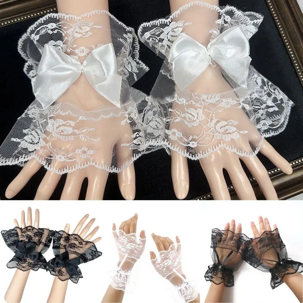 Women Lolita Jk Lace Fingerless Gloves Black White Lace Bow Short Arm Sleeves Goth Punk Mesh Sweater Shirts Decorate Cuffs