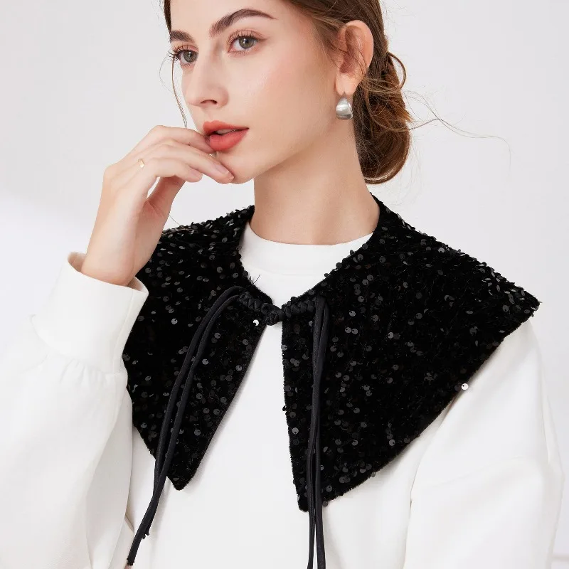 여성용 셔츠 가짜 칼라, 여성용 스팽글 장식 클래식 라펠 셔츠, 탈부착 가능한 숄 가짜 칼라, 여성 및 소녀 의류용
