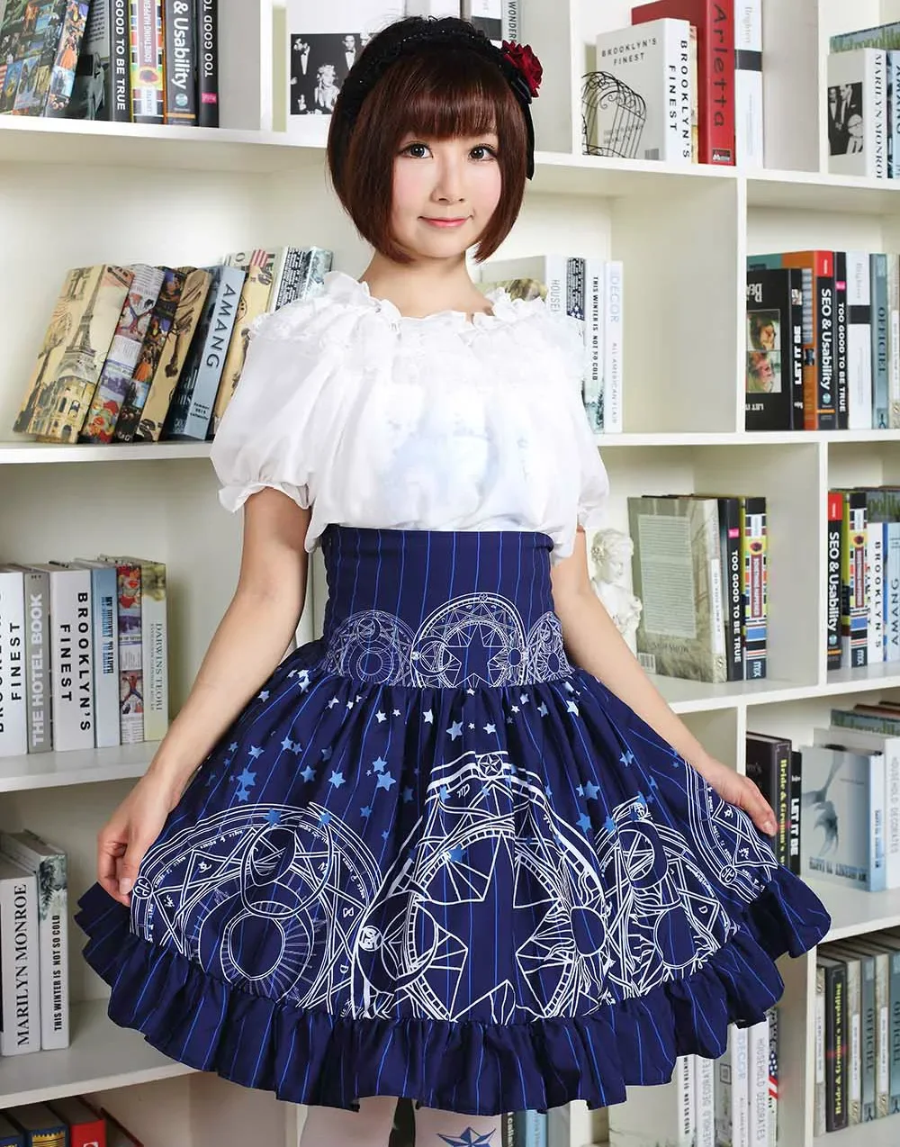 Sweet Mori Girl High Waist Skirt Blue Magic Circle Printed Lolita Short Skirt with Ruffles