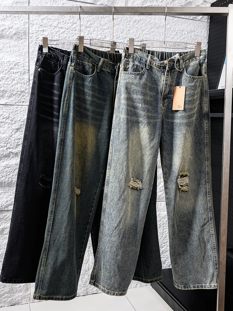 

Retro Washed Design Men's Casual Straight Leg Jeans Tear Design Loose Fit Fashionable Summer Jeans mid Waist Zipper Closure