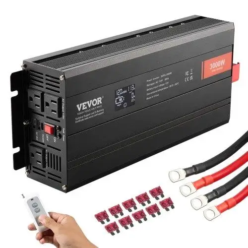 3000W Pure Sine Wave Inverter 12V to 120V, 2 AC Outlets, 2 USB & Type-C Ports, LCD Display & Remote Control, CE FCC Certified