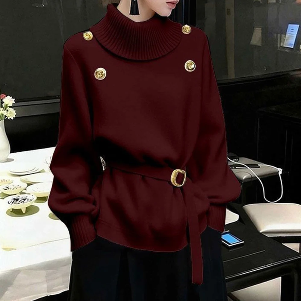 Camisola feminina 2025 novo único chique enorme boa aparência cintura rendas temperamento branco gola alta malha topo inverno