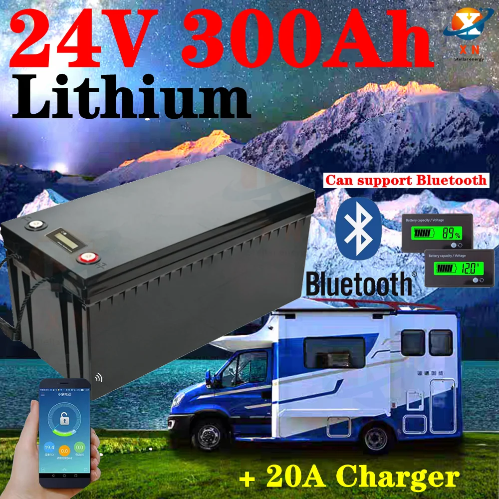 

waterproof 24V 300AH Lithium ion battery bluetooth APP BMS li ion for 3000W RV EV Solar energy golf cart UPS +20A Charger