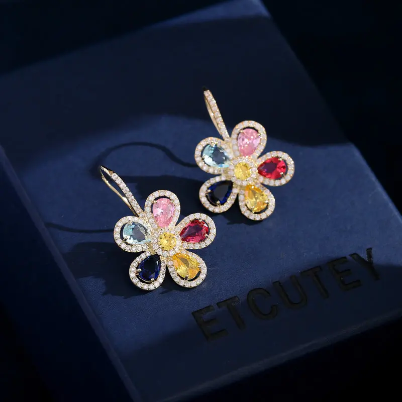 

Designer Trendy Micro Pave Zircon Niche Elegant Wholesale Light Luxury High-end Colorful Flower Earrings