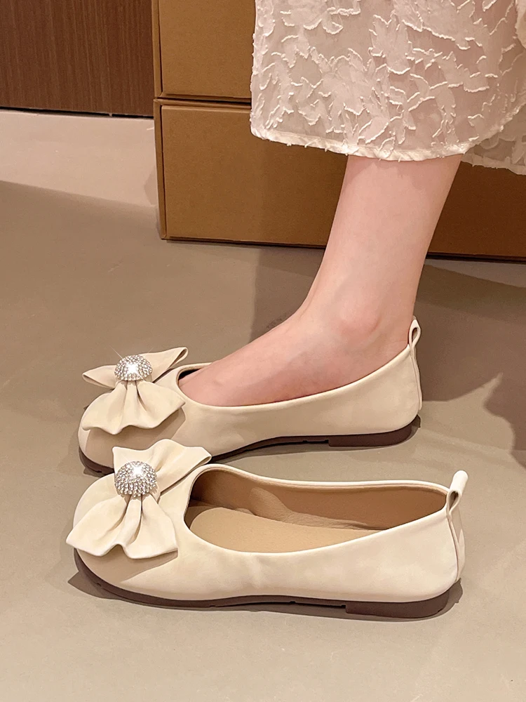 Fashionable round Toe Soft Bottom Bean Bean Shoe Women's Single Shoe Spring Autumn  Knot Casual Comfortable Flats