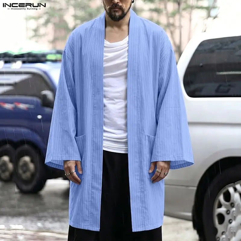 INCERUN Men's Striped Cardigan Trench Open Stitch Long Sleeve Casual Loose Male Coats Streetwear 2026 Long Style Outerwear S-3XL