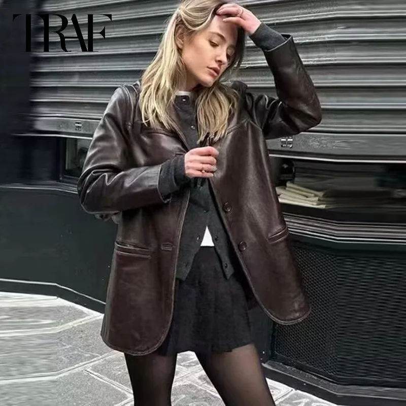 TRAF Women\'s Blazer Faux Leather Brown Blazers Autumn Office Wear Woman Long Blazer Old Money Style Women Solid Blazer Jacket