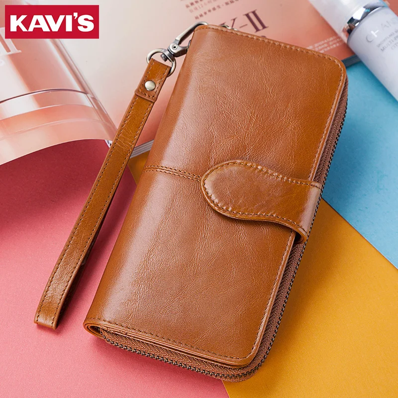 KAVIS Women Wallet Genuine Leather Organizer Cell Phone Clutch Bag with RFID Card Holder Fashion Ladies Money Purse Portemonnee