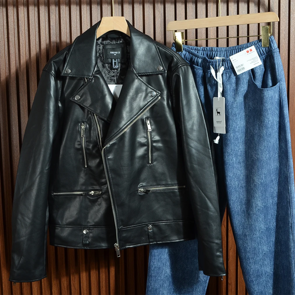 

Мужская теплая ретро-куртка из мягкой искусственной кожи, мотоциклетная куртка на молнии с прямым подолом, стандартный крой, длинный рукав, воротник