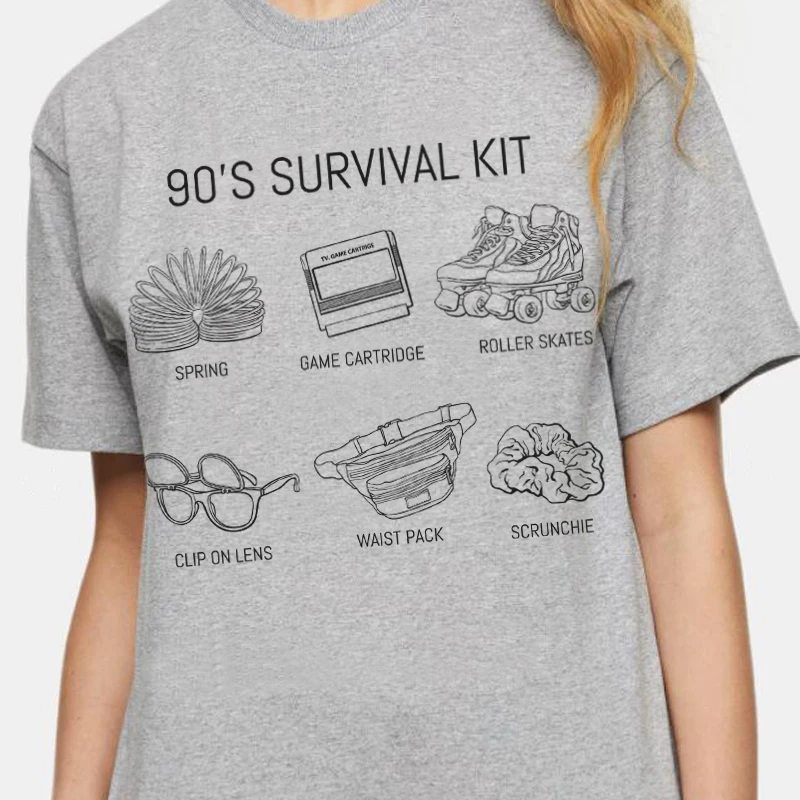 90s Survival Kit Vintage T-Shirt Retro Aesthetic Nostalgia Tee Shirt Hippie Funny Tshirts Short Sleeve Loose Women's T Shirt Top