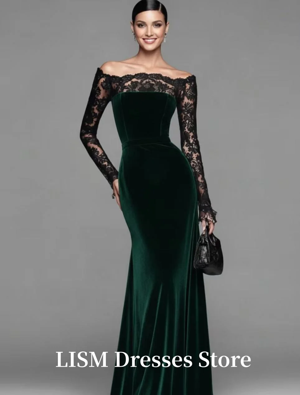 LISM 원라인 칼라 이브닝 드레스 실크 레이스 벨루어 풀 슬리브 A라인 우아한 모던 프롬 가운 맞춤형 이브닝 드레스