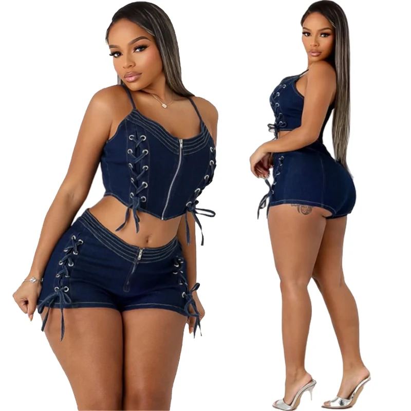 

Denim Short 2 Pieces Set for Women Streetwear Sexy Spaghetti Strap Lace-up Zip Top+Shorts Sets Matching Female Summer Outfits
