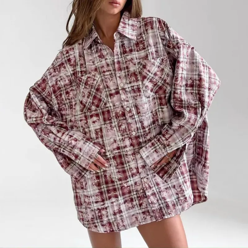 

Women's Autumn/Winter Top Coat Shirt Plaid Long Sleeve Distressed Vintage Simple Comfortable Loose Casual Design Niche Versatile