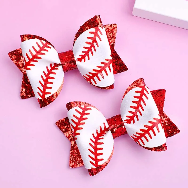 ncmama 2Pcs Leather Bows Hair Clip For Women Girls Glitter Rugby Baseball Hairpins Barrettes Headwear Hair Accessories Ornaments