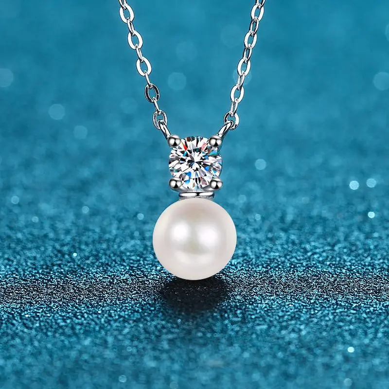 S925 Sterling Silver Collar Chain 8mm Pearl 0.5ct Moissanite Necklace for Women image 2