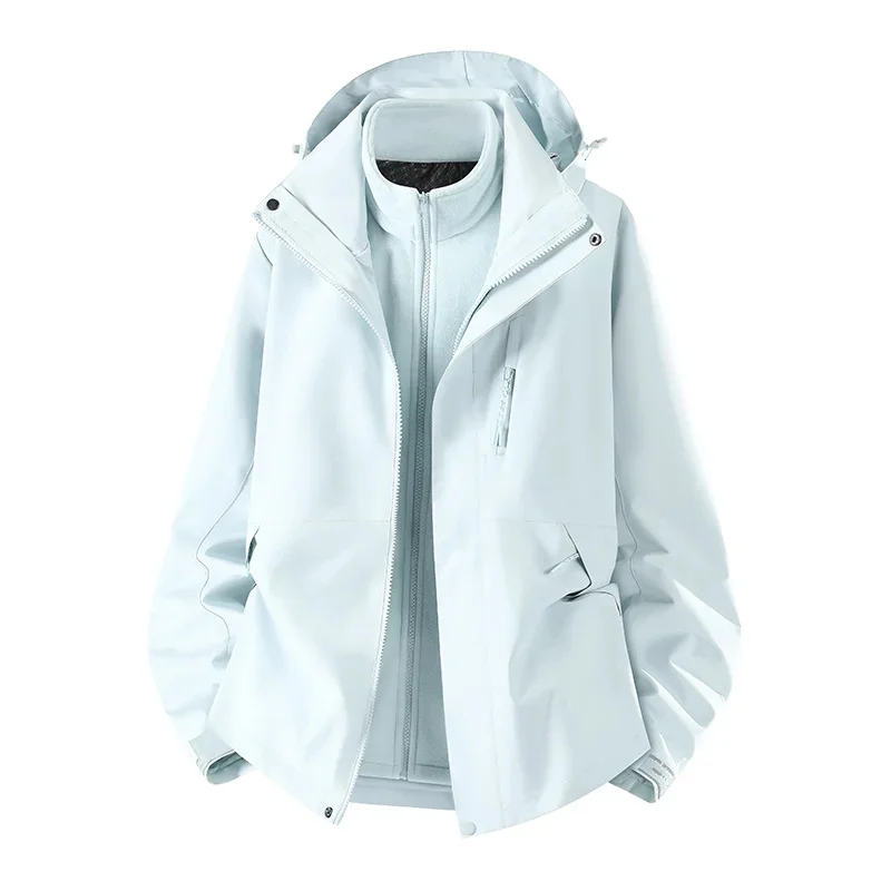 Women 3 in 1 Waterproof Windproof Detachable Jacket Outdoor Hiking Camping Warm Fleece Liner Hooded Coat Light Blue Outerwear