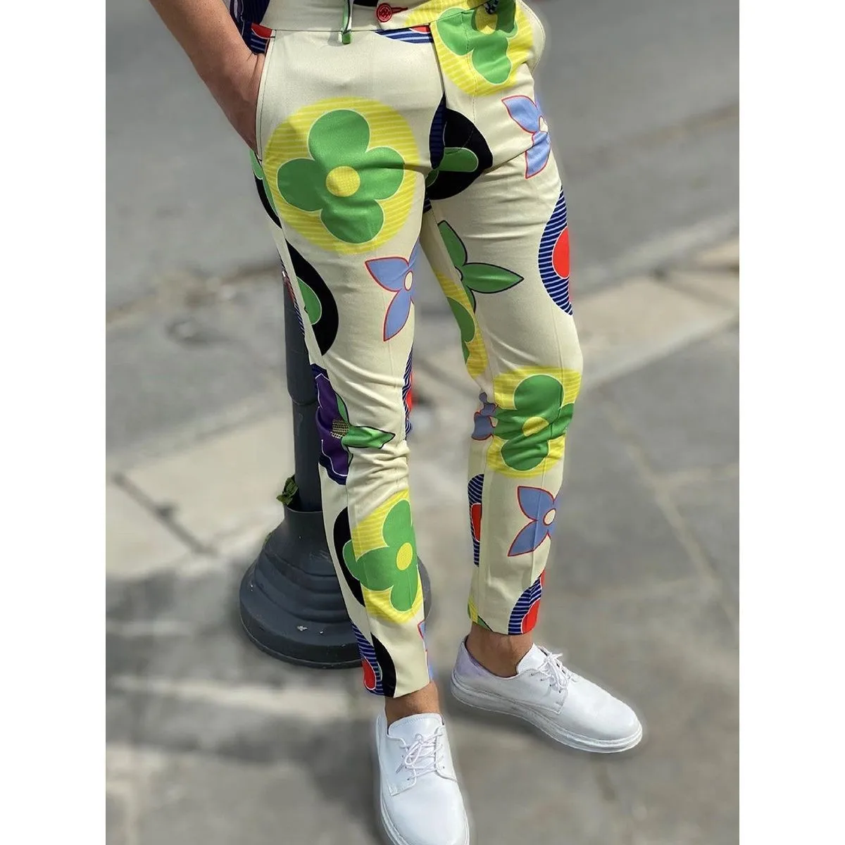 

Faionable Printed Casual Trousers for Men High Waist Floral Pattern Polyester Cosite Fiber High Elastici Straight Leg ...