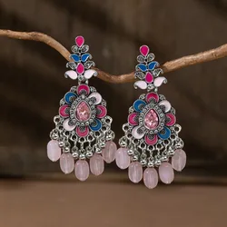 Vintage Jhumka Jewelry New Bohemian Tassel Earrings Women's Ethnic Style Long Colored Crystal Bead Indian Earrings for Women